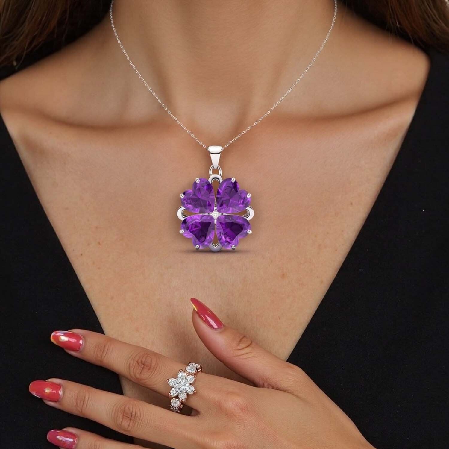 14K White Gold Amethyst Four Leaf Clover Mother & Daughter Sisters Necklace