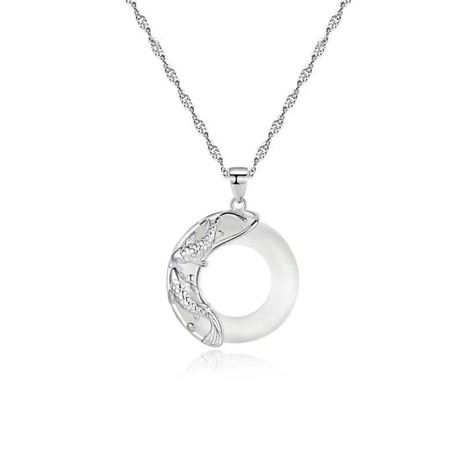 Sterling Silver Buddha Stones White Jade Koi Lucky Necklace