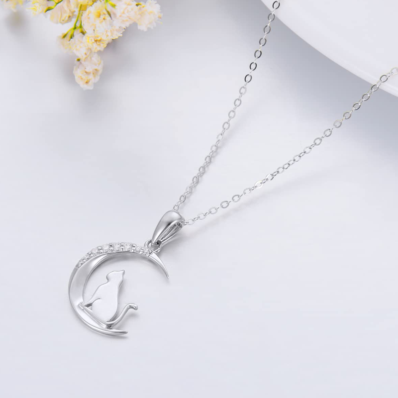 14K White Gold Cubic Zirconia Cat & Moon Necklace for Women