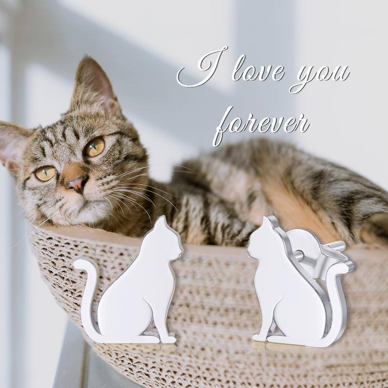 14K White Gold Cat Stud Earrings