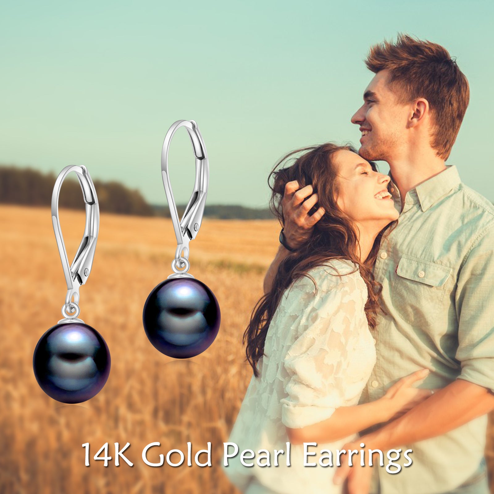 14K White Gold Circular Black Pearl Bead Lever-back Earrings