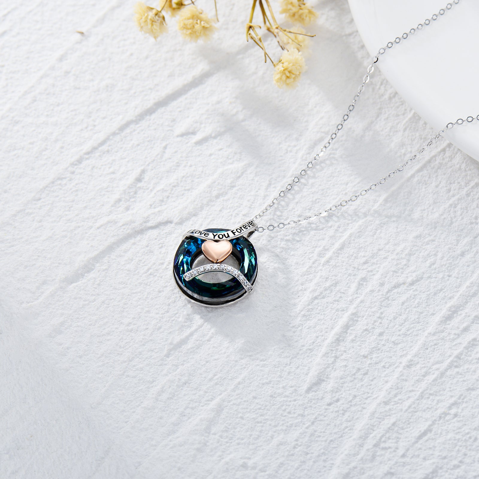 14K White Gold Circular Shaped Heart Crystal Pendant Necklace with Engraved Word