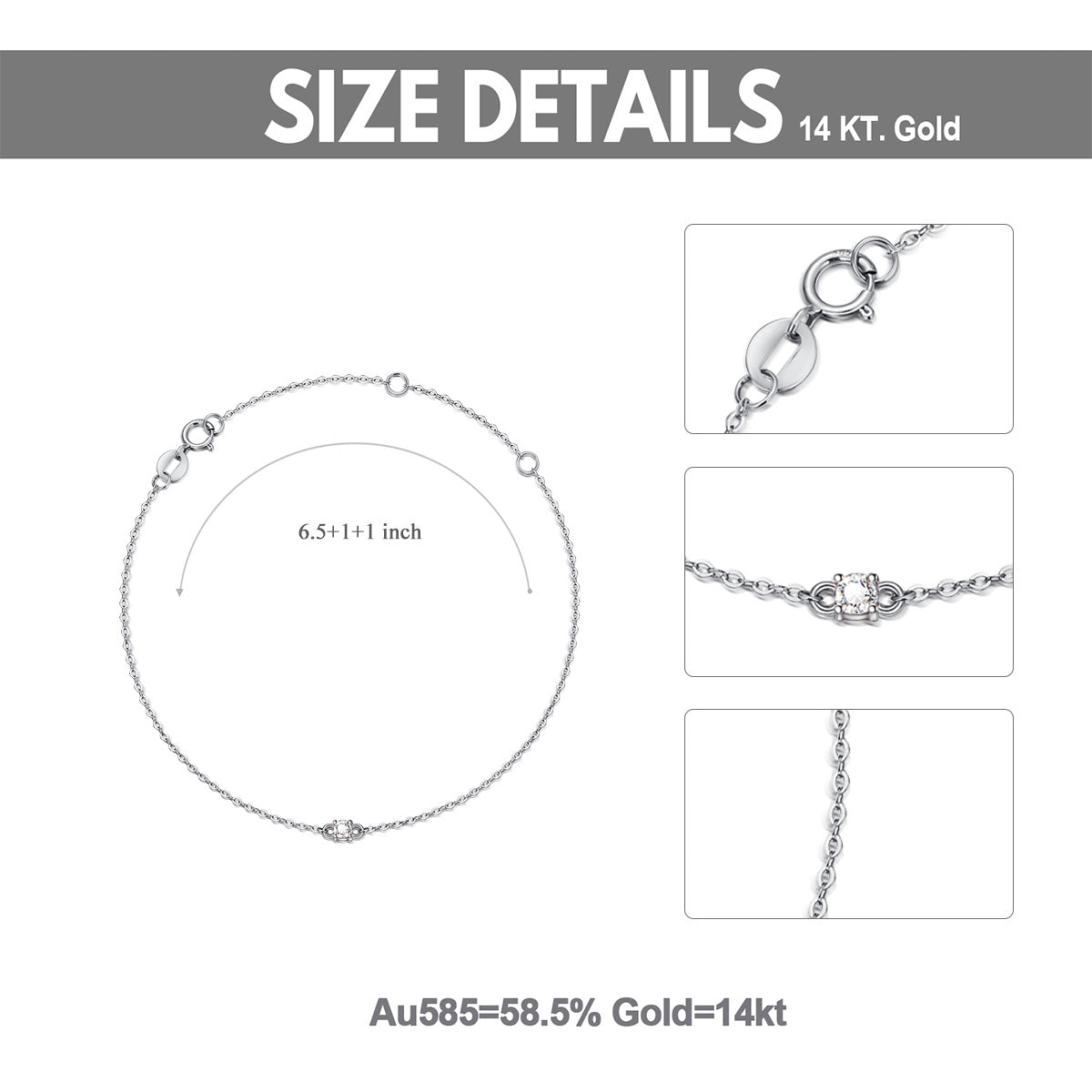 14K White Gold Circular Cubic Zirconia Thin Cable Chain Bracelet