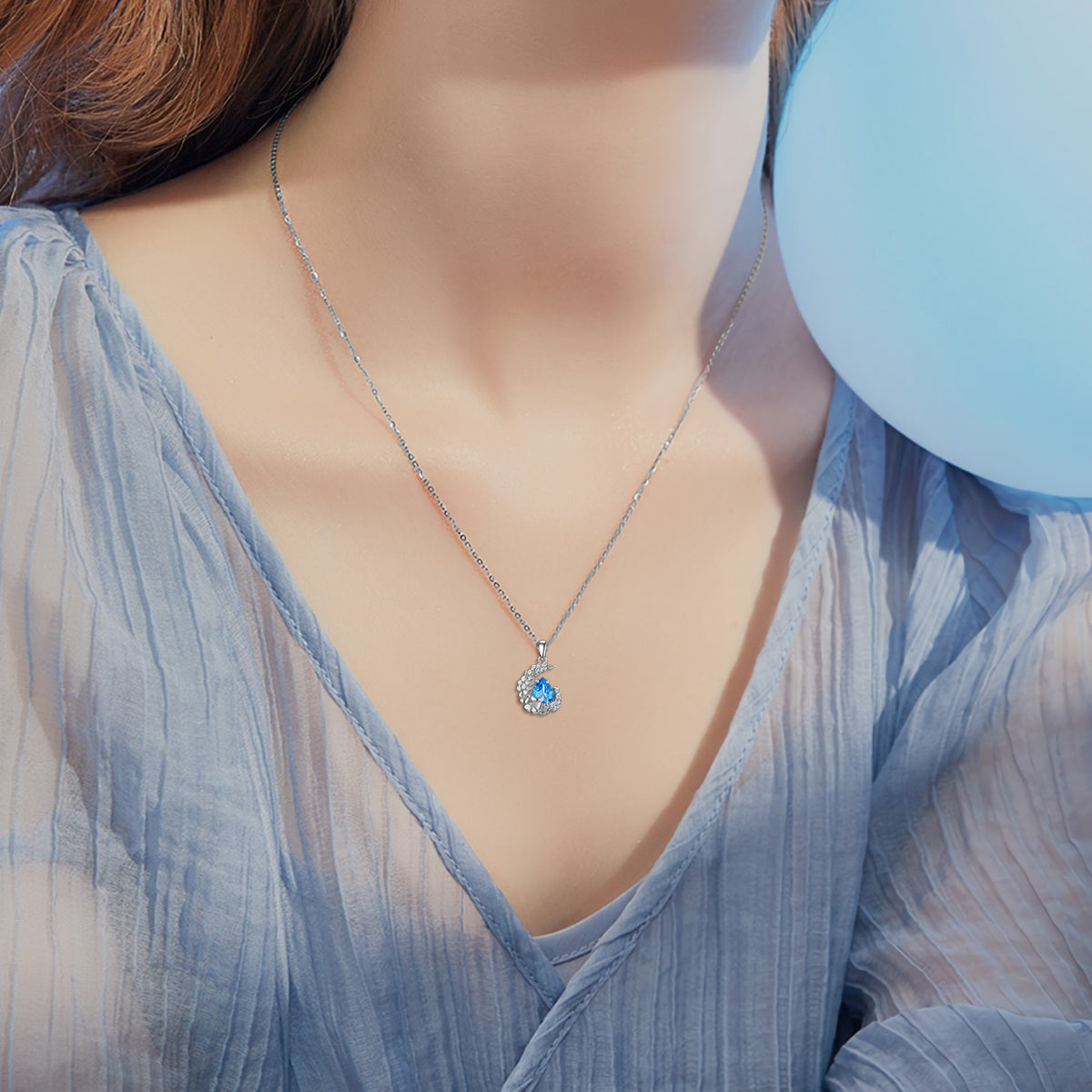 14K White Gold Crystal Moon Pendant Necklace