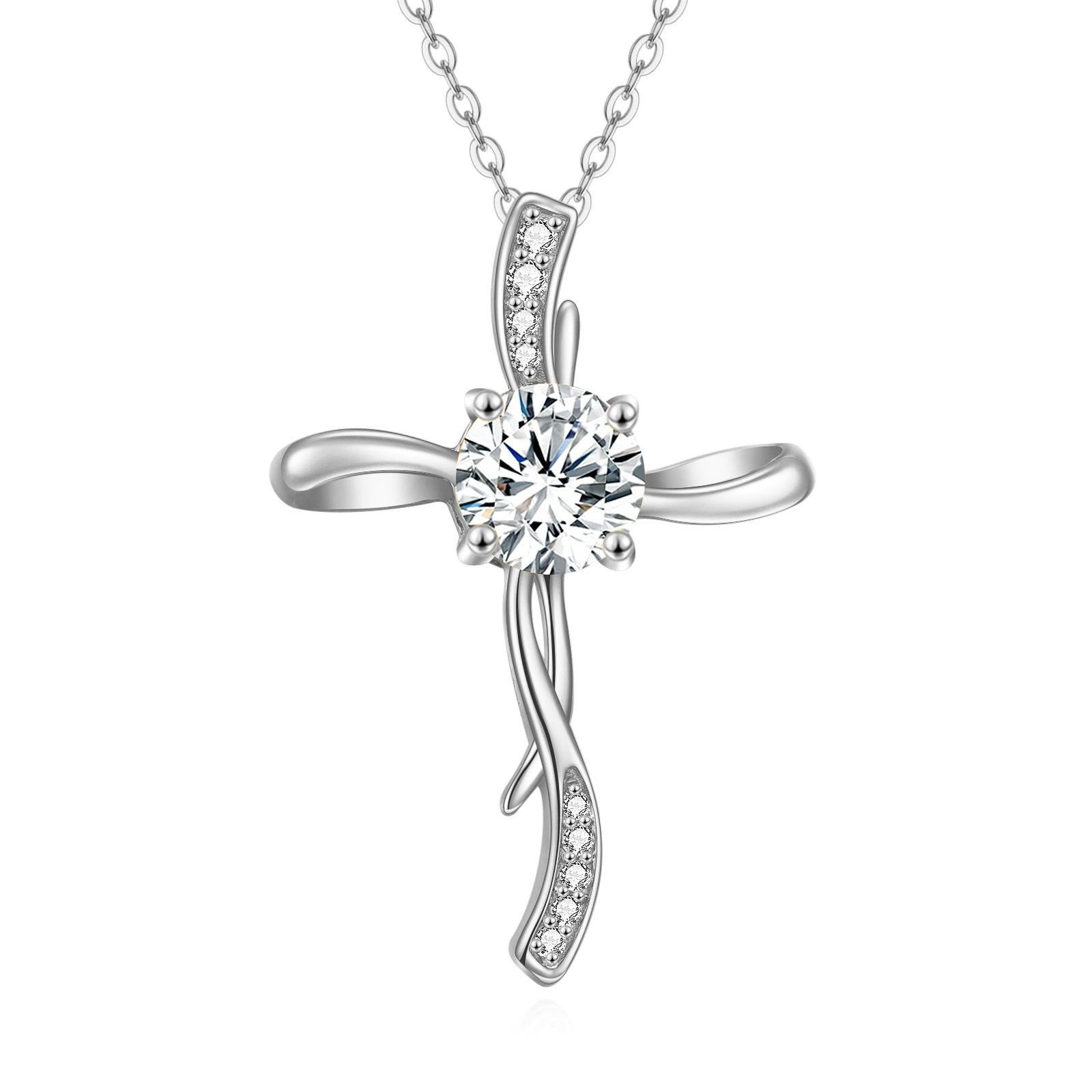 14K White Gold 1 CT Circular Moissanite Cross Pendant Necklace