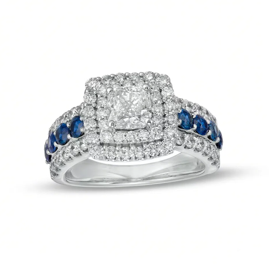 14K White Gold 2 CT.T.W. Cushion Lab Created Diamond & Sapphire Custom Engagement Ring D VVS1-VS1 IGI Certified