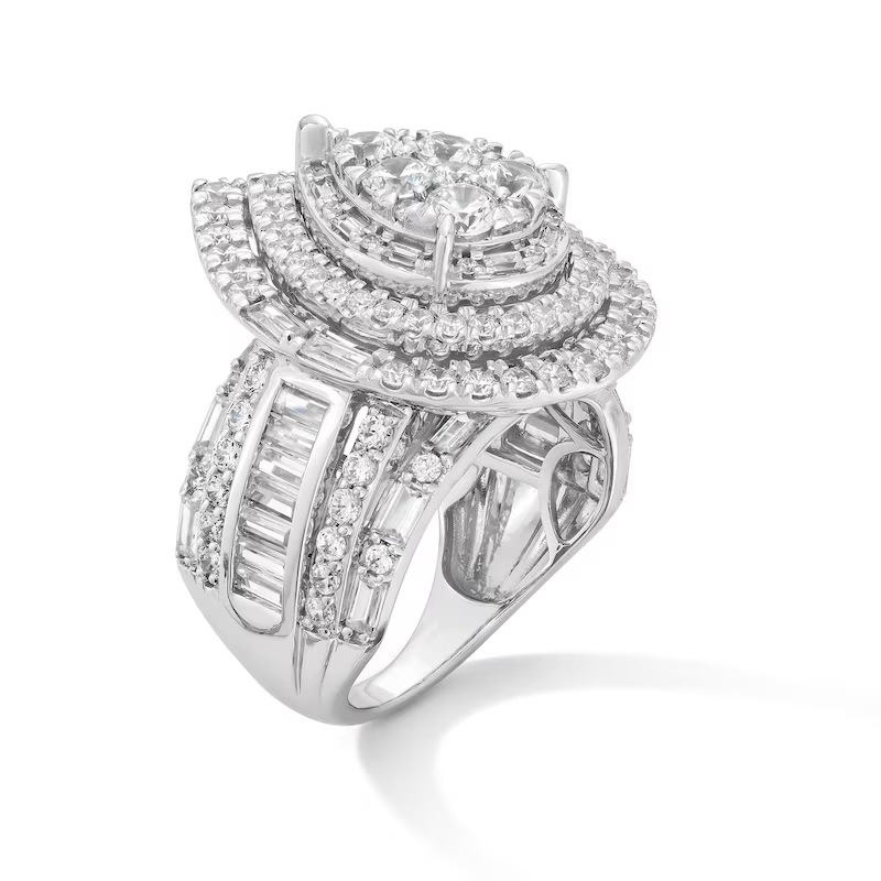 14K White Gold 4 CT.T.W. Pear Cut Cut Multi-Diamond Triple Frame Multi-Row Engagement Ring D-VVS1 3EX