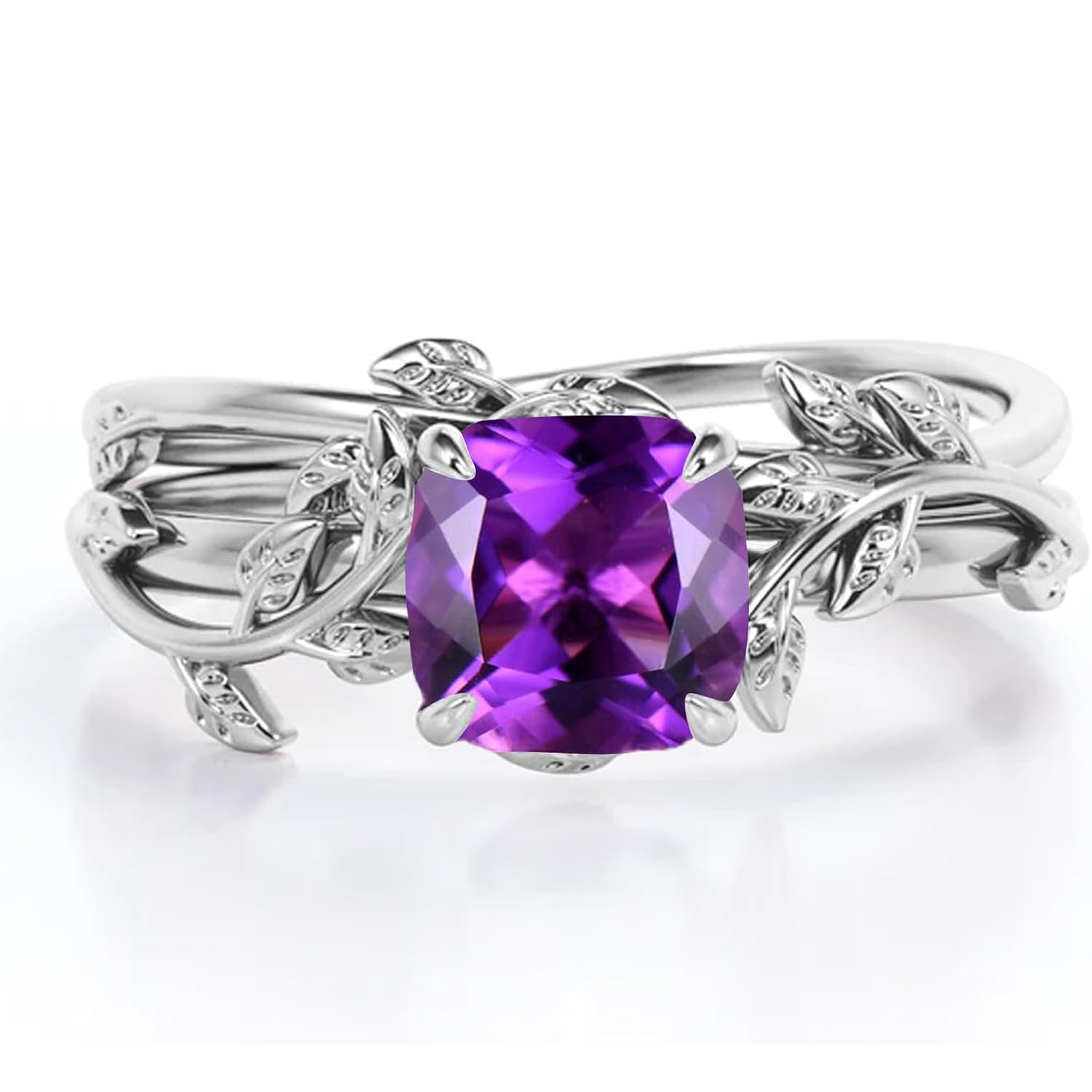 14K White Gold Cushion Cut Ivy Bridal Set Gemstone Engagement Rings Set