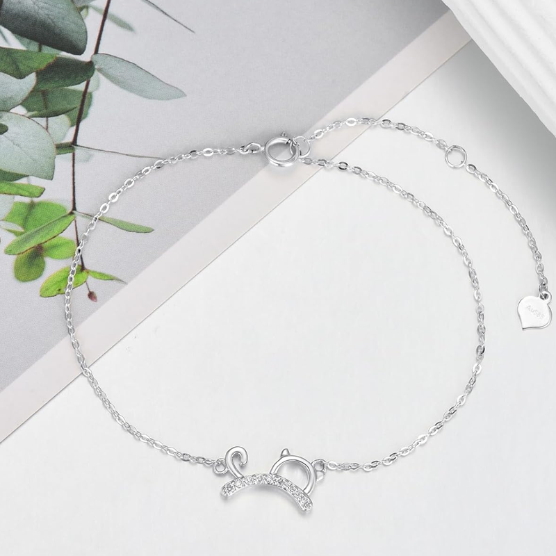 14K White Gold Diamond Cat Charm Bracelet