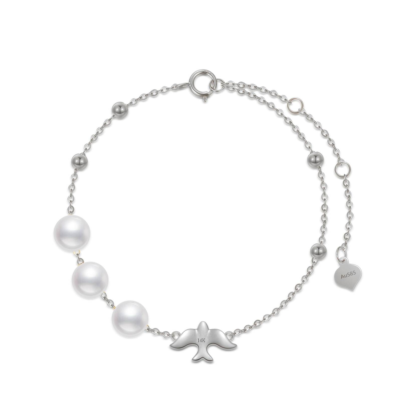 14K White Gold Dove & Bead Charm Bracelet