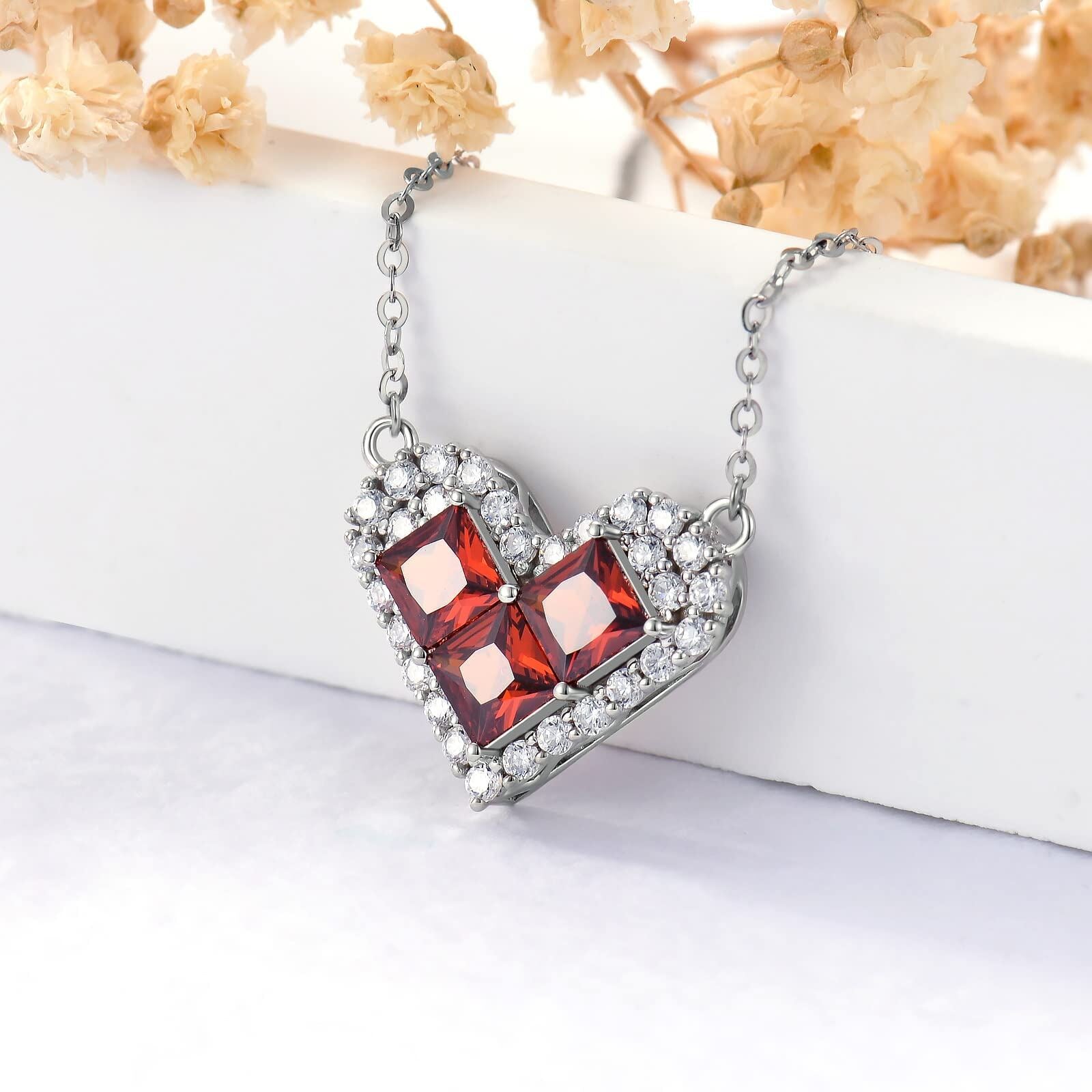 14K White Gold Garnet Heart Pendant Necklace