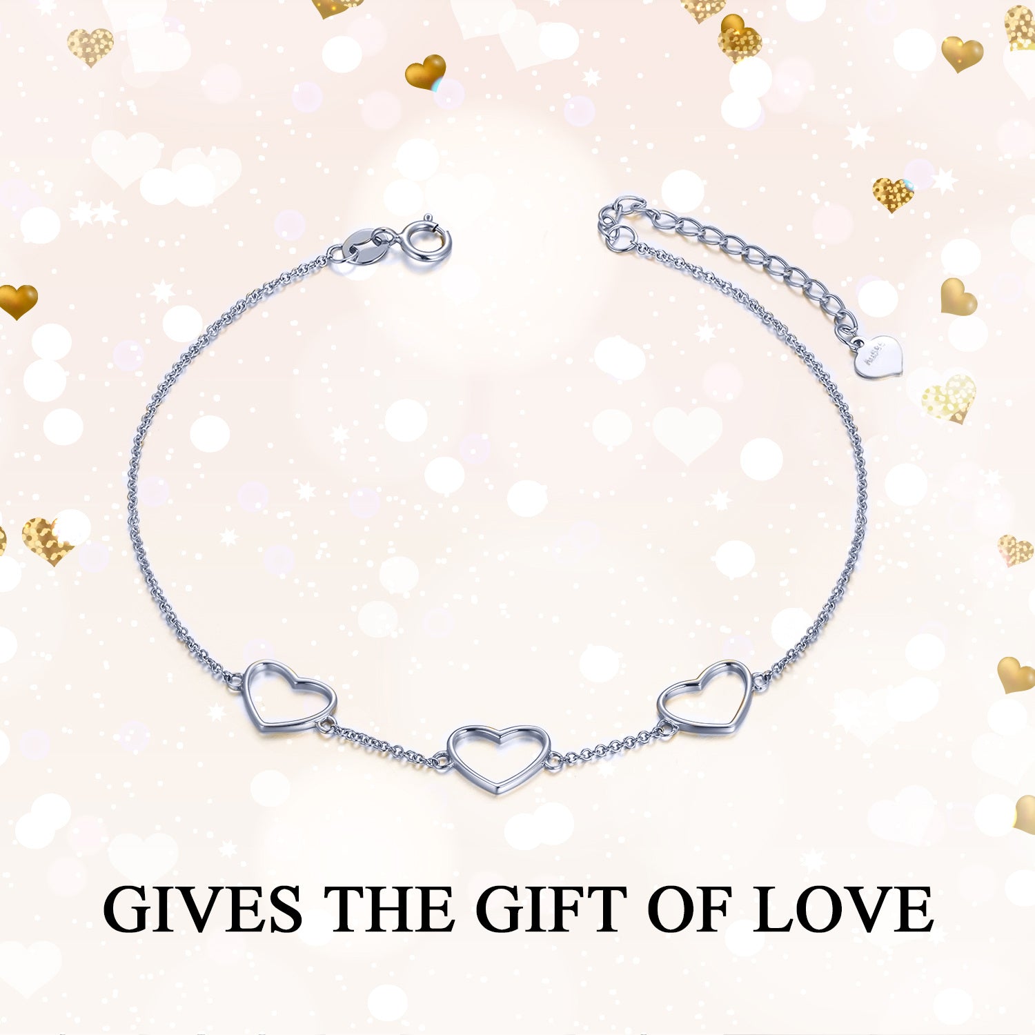 14K White Gold Heart Charm Bracelet