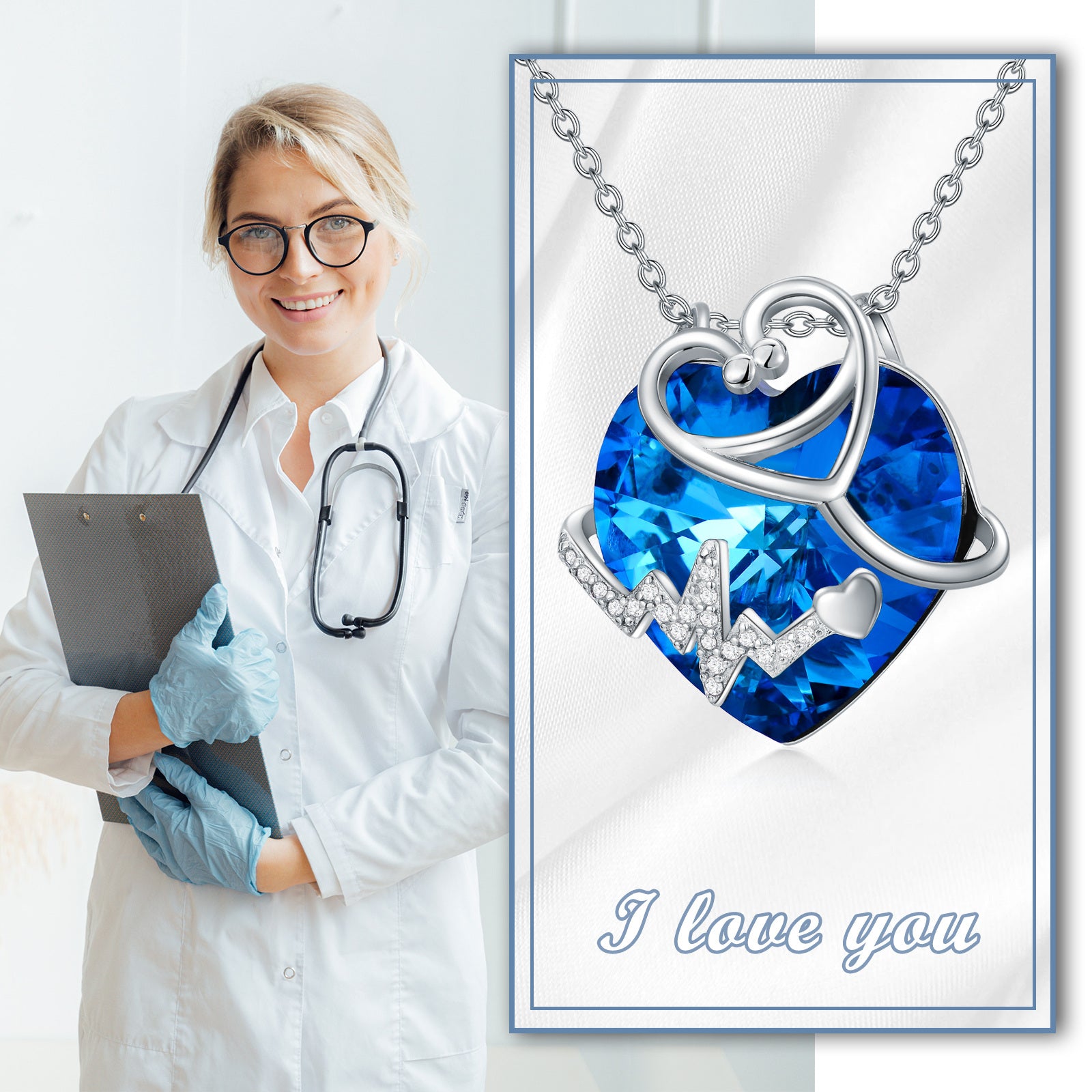Sterling Silver Heart & Stethoscope Crystal Pendant Necklace