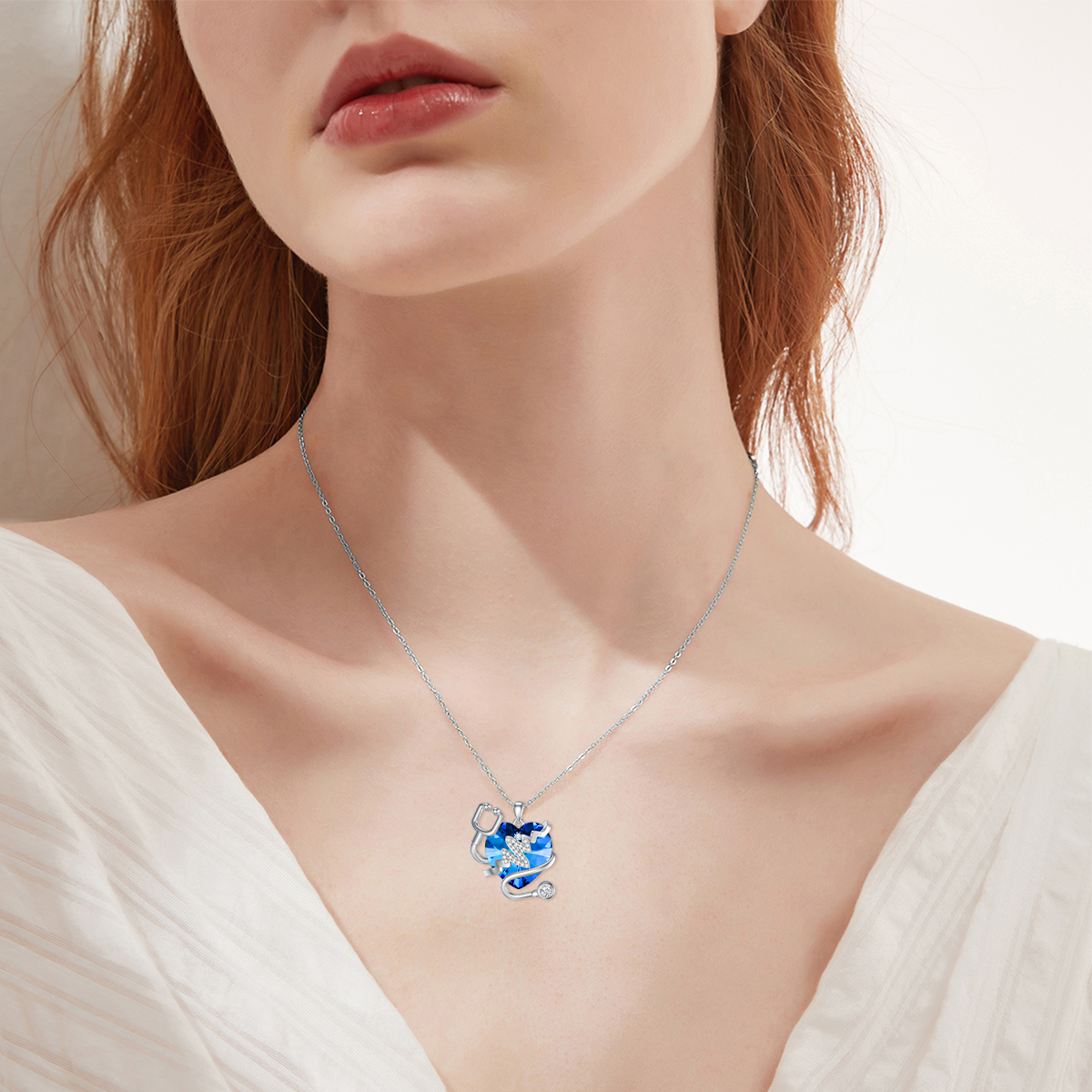 Sterling Silver Heart & Stethoscope Crystal Pendant Necklace