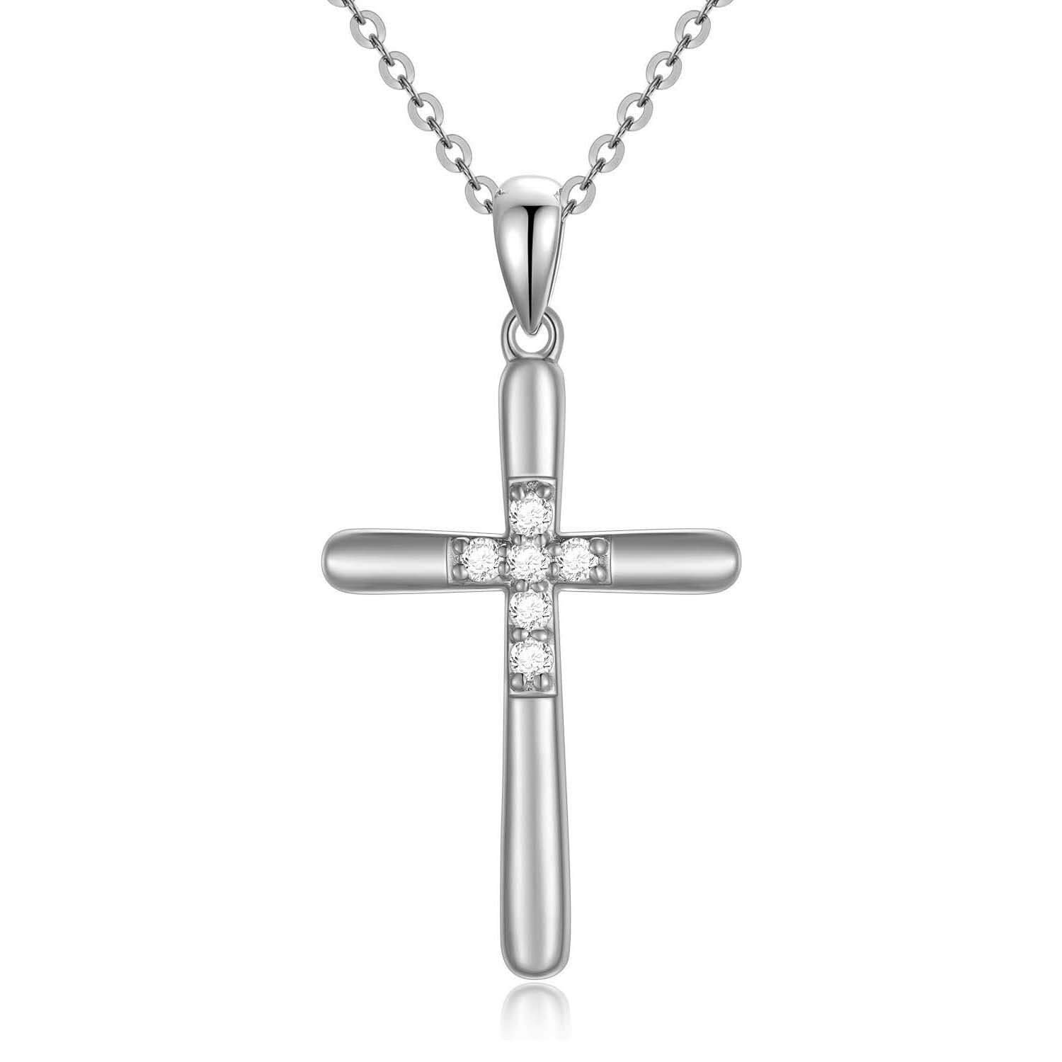 14K White Gold Lab Created Diamond Cross Necklace for Women