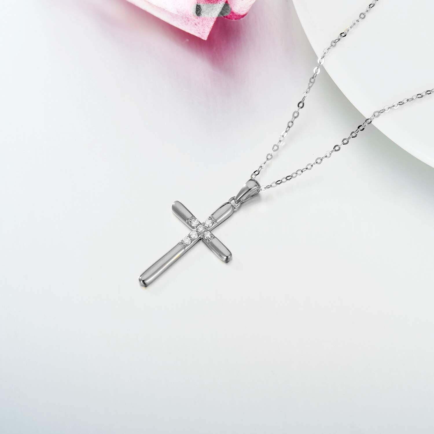 14K White Gold Lab Created Diamond Cross Necklace for Women