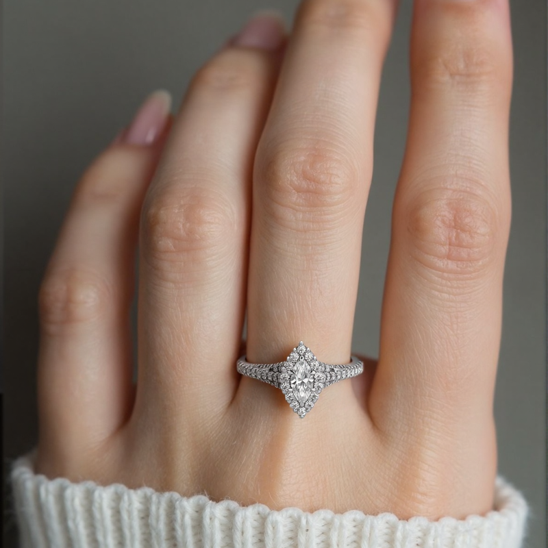 14K White Gold Marquise Shaped Lab Created Diamond Engagement Ring D Color VVS1 Clarity 3EX IGI Certified