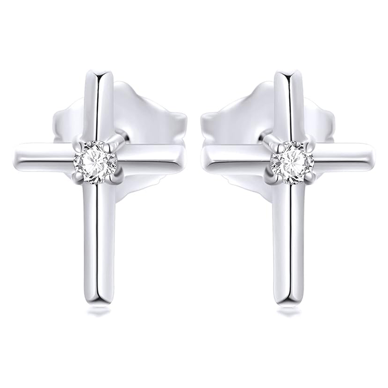 14K White Gold Moissanite Cross Stud Earrings