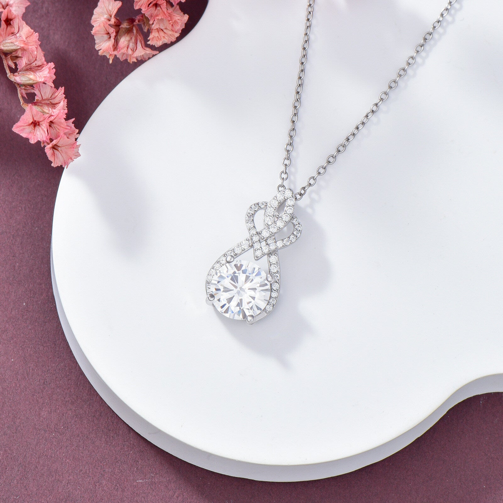 14K White Gold Moissanite Heart & Infinity Symbol Pendant Necklace