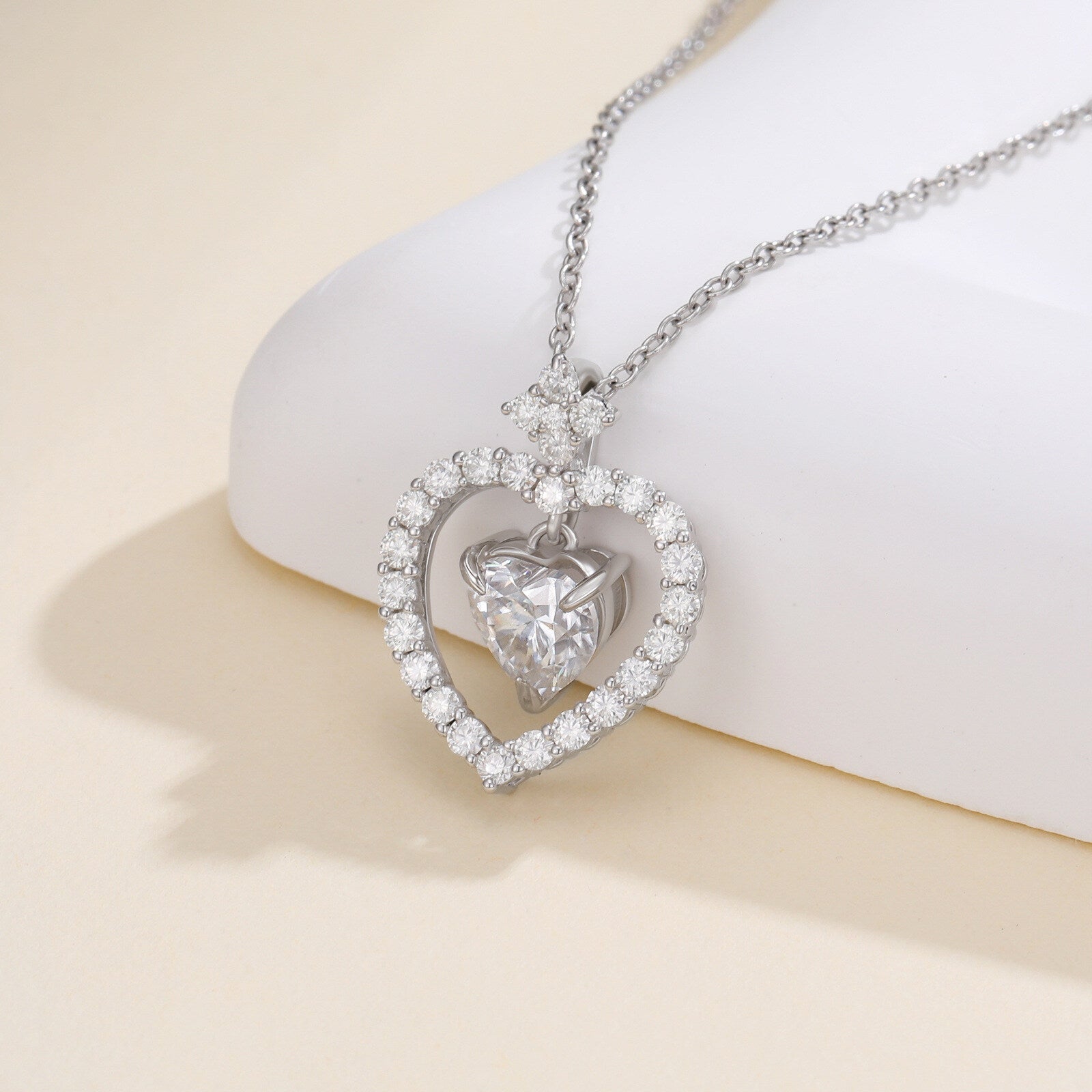 14K White Gold Moissanite Heart Pendant Necklace