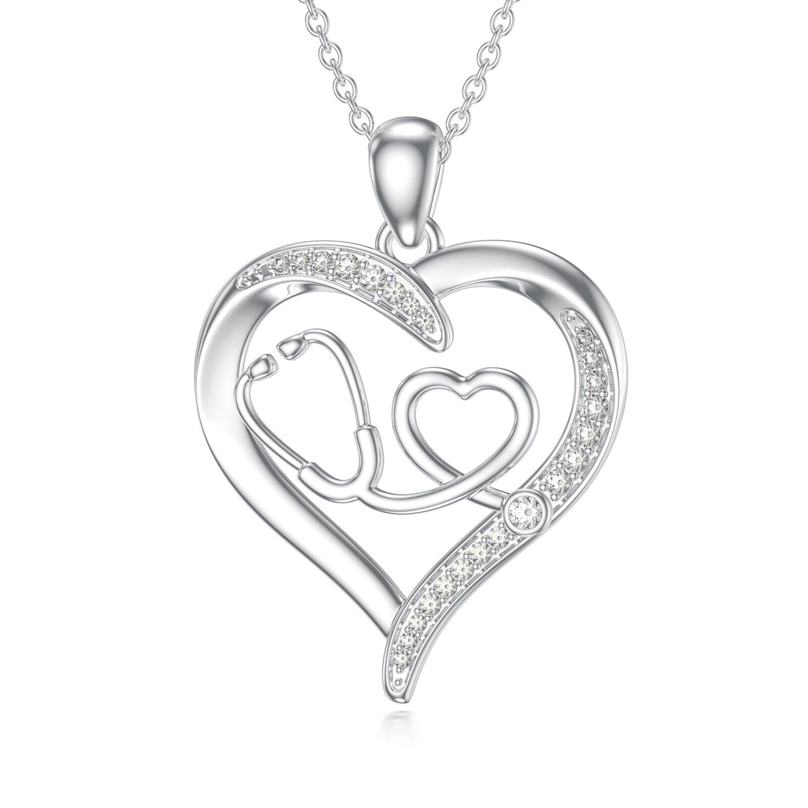 14K White Gold Moissanite Heart & Stethoscope Pendant Necklace