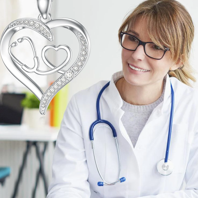 14K White Gold Moissanite Heart & Stethoscope Pendant Necklace
