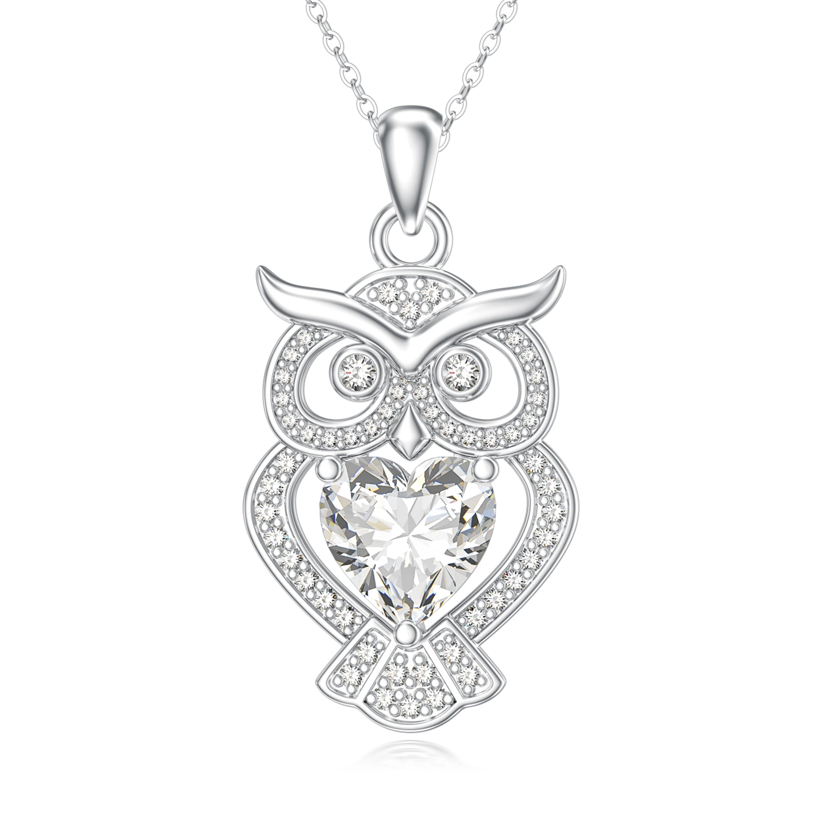 14K White Gold Moissanite Owl Pendant Necklace