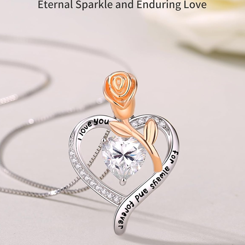 14K White Gold Moissanite Personalized Engraving Rose Heart Necklace for Women