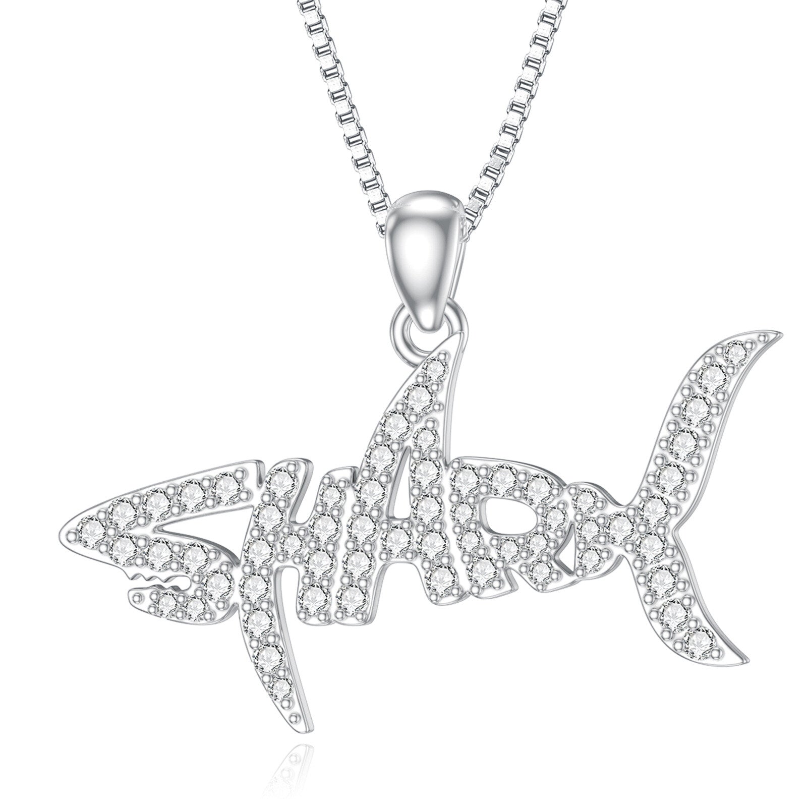 14K White Gold Moissanite Shark Pendant Necklace