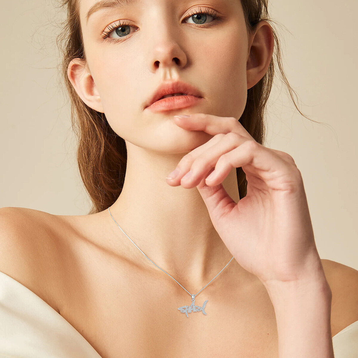 14K White Gold Moissanite Shark Pendant Necklace