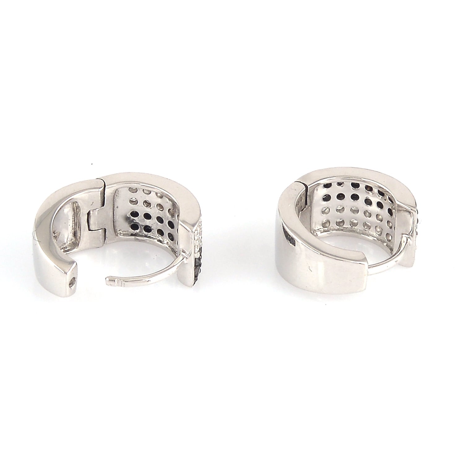 Natural Black & White Diamond Hoop Earrings In 14K White Gold