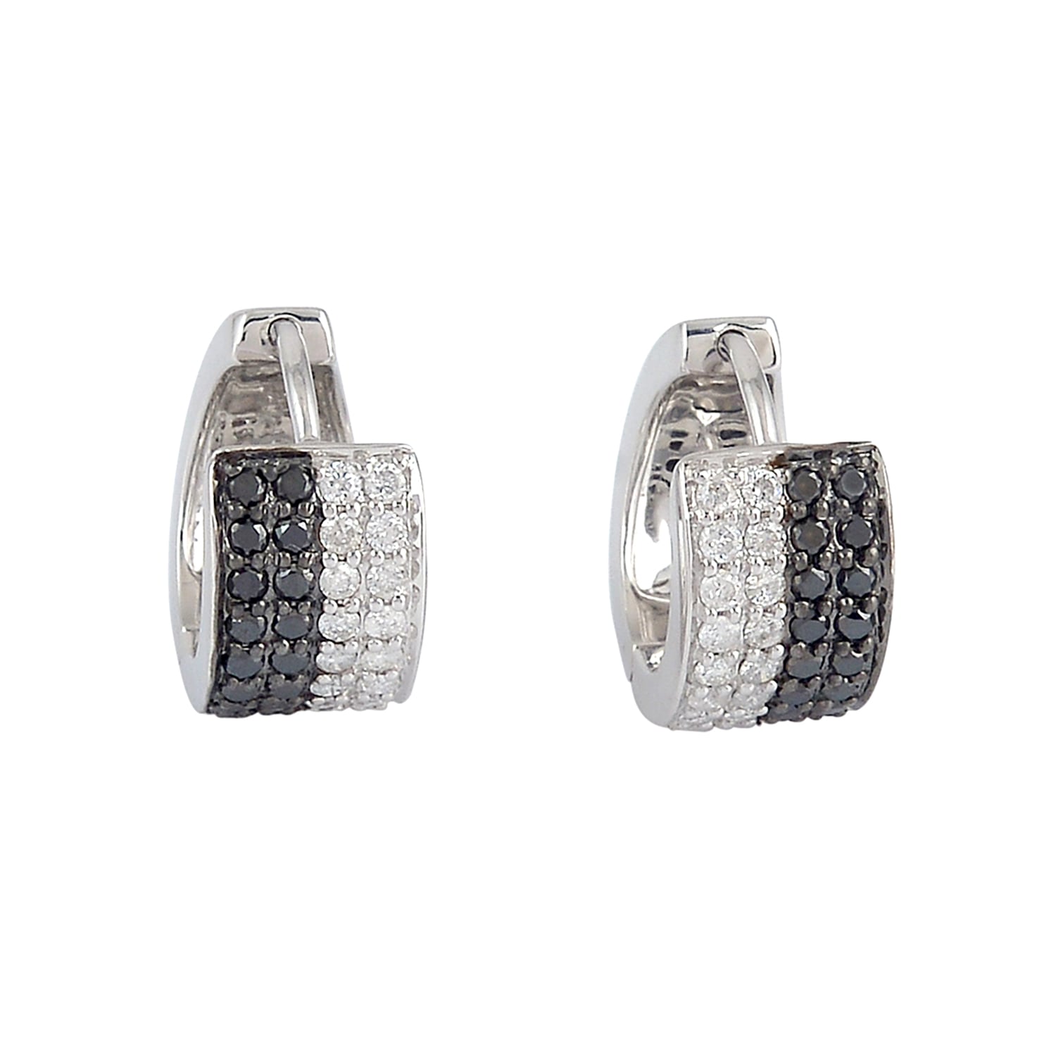 Natural Black & White Diamond Hoop Earrings In 14K White Gold
