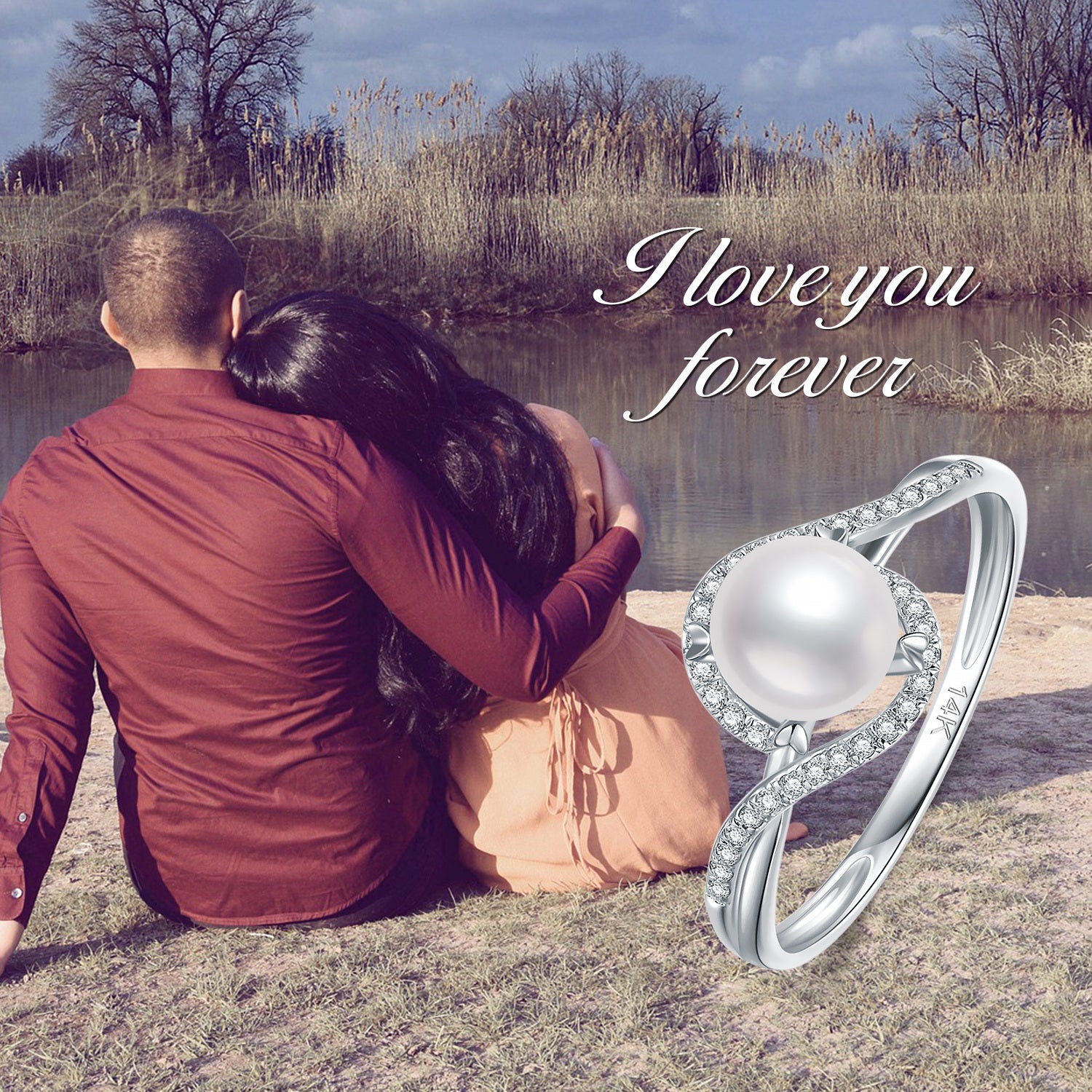 14K White Gold Round Shaped Diamond & Pearl Custom Wedding Ring 3EX IGI Certified