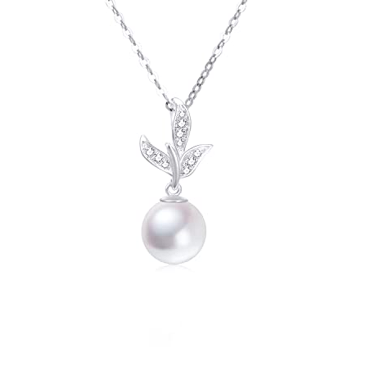 14K White Gold Round Pearl Leaves Necklace for Women