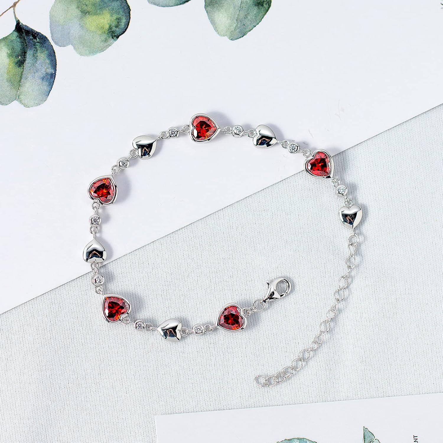 14K White Gold Ruby Heart Charm Bracelet Gemstone Bracelets