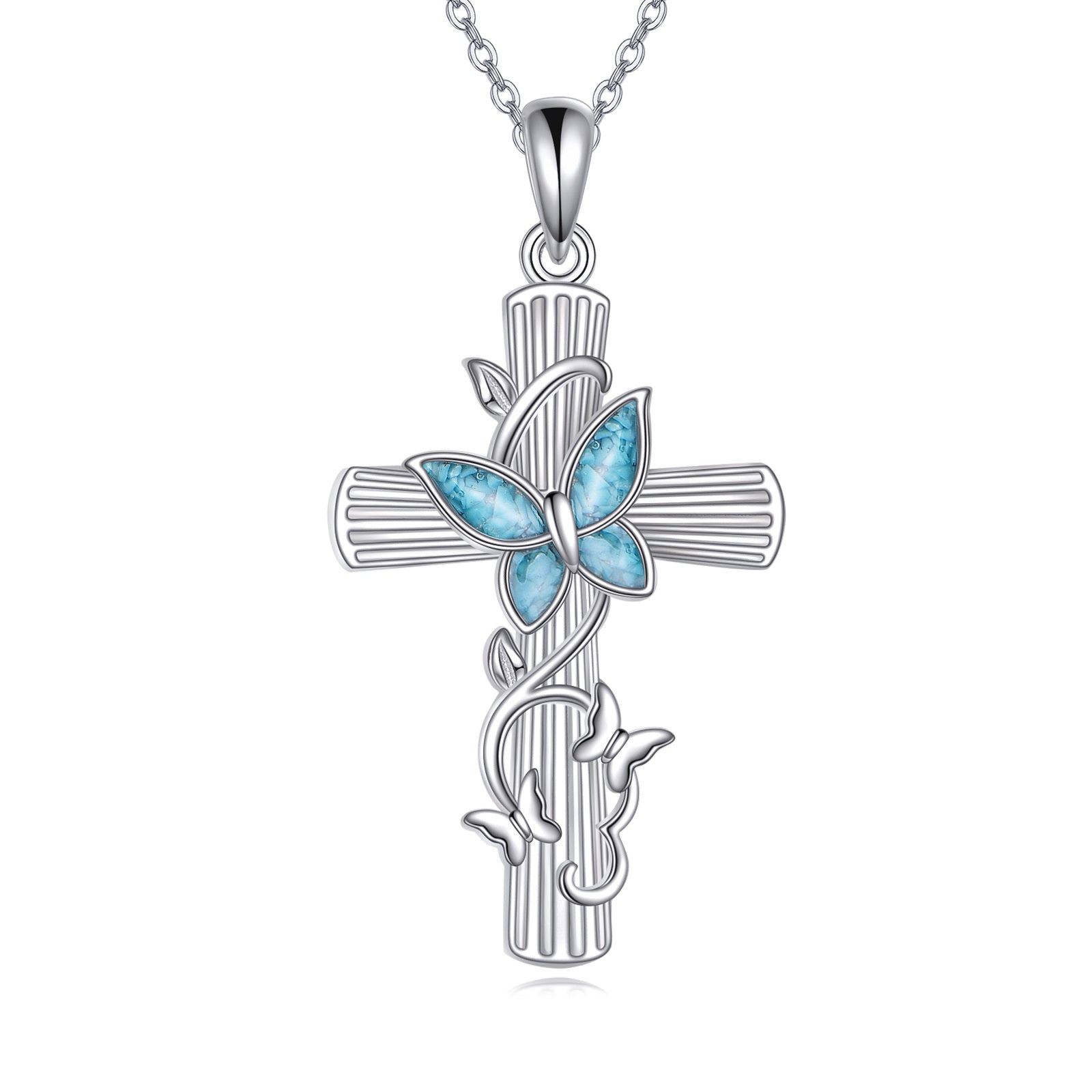 Sterling Silver Turquoise Butterfly & Cross Pendant Necklace