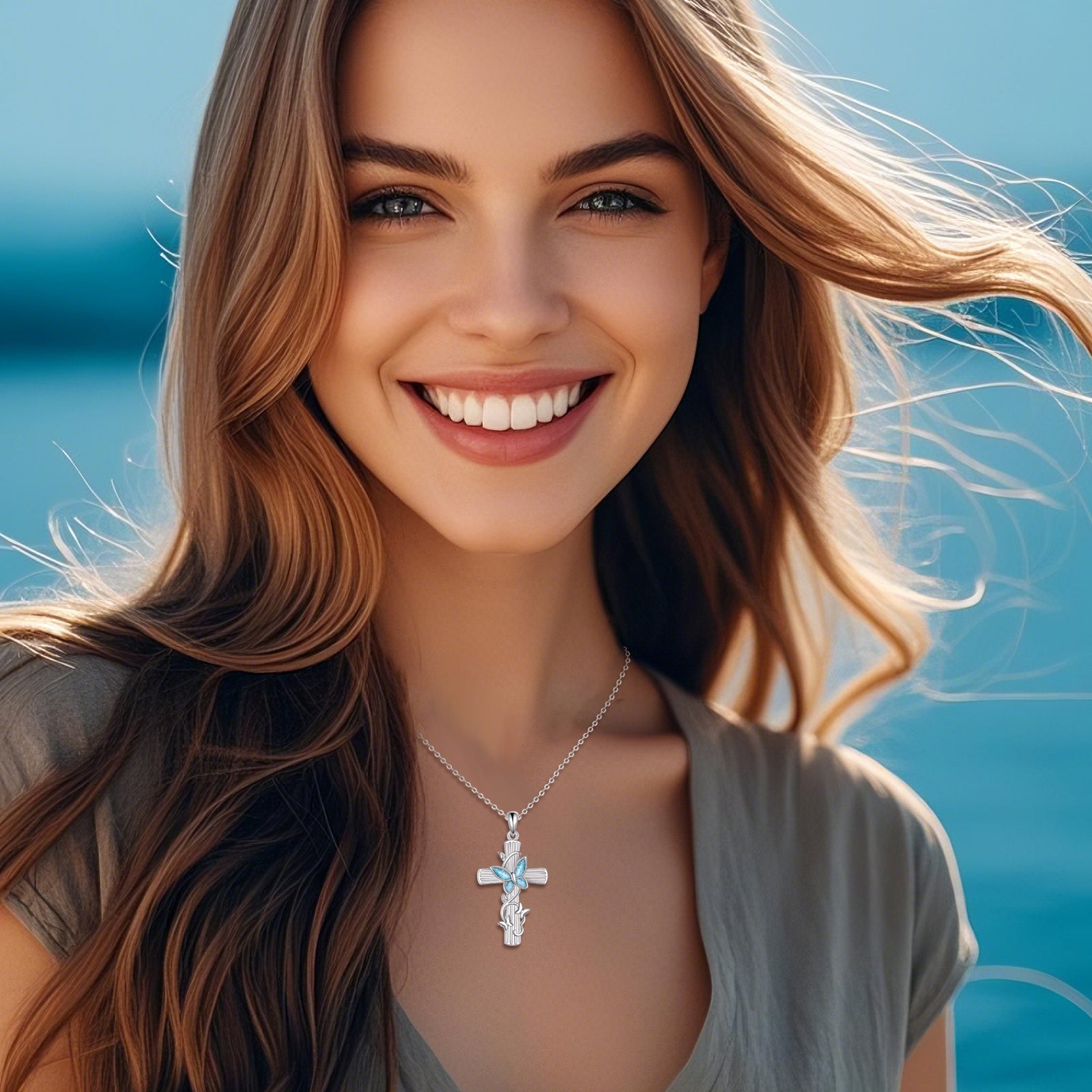 Sterling Silver Turquoise Butterfly & Cross Pendant Necklace