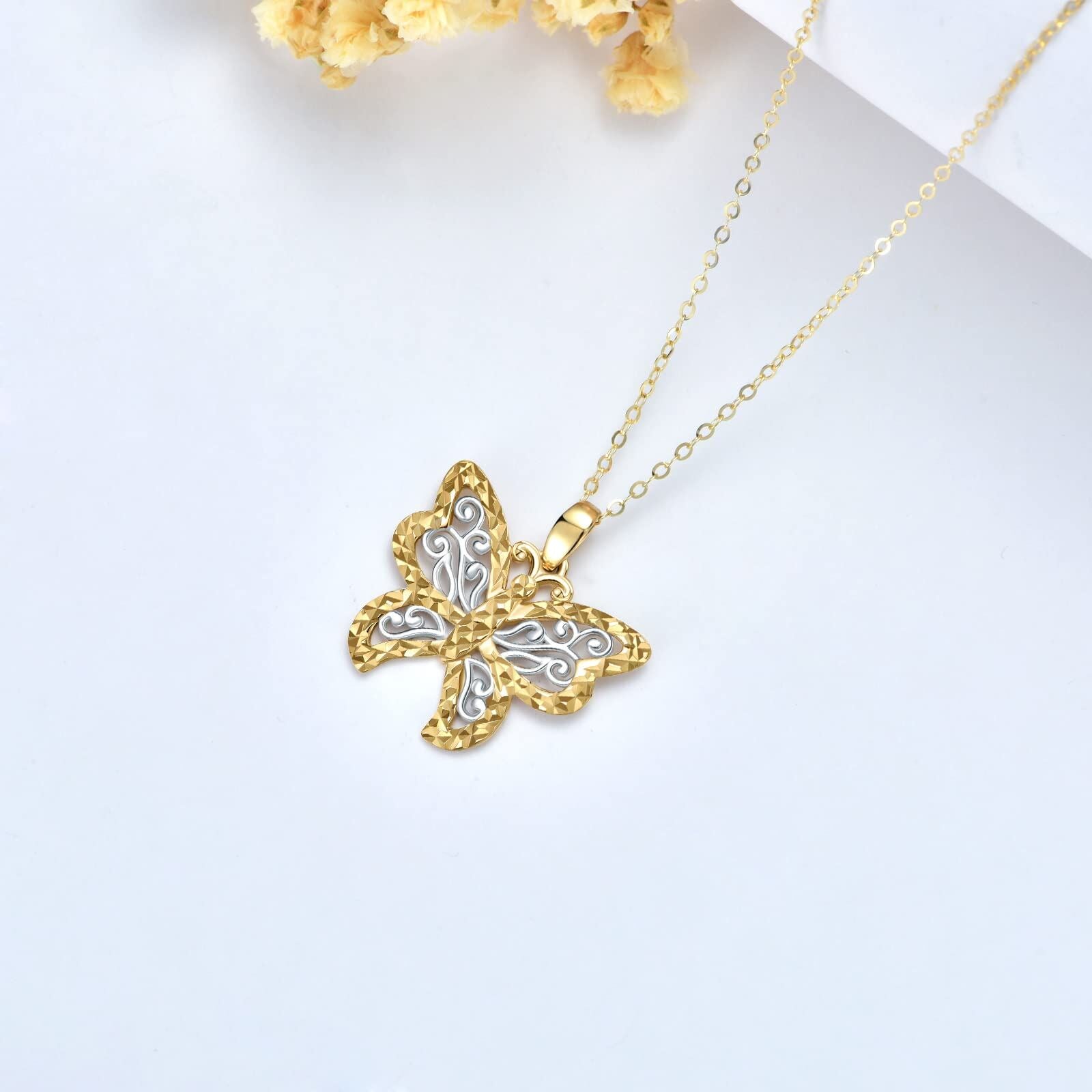 14K Two-Tone Butterfly Pendant Necklace For Women