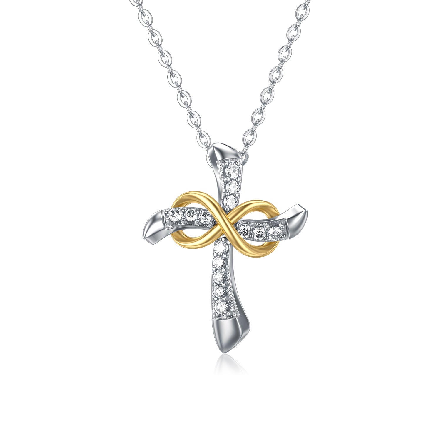 14K Gold Two-Tone Circular Moissanite Cross & Infinity Symbol Pendant Necklace For Women
