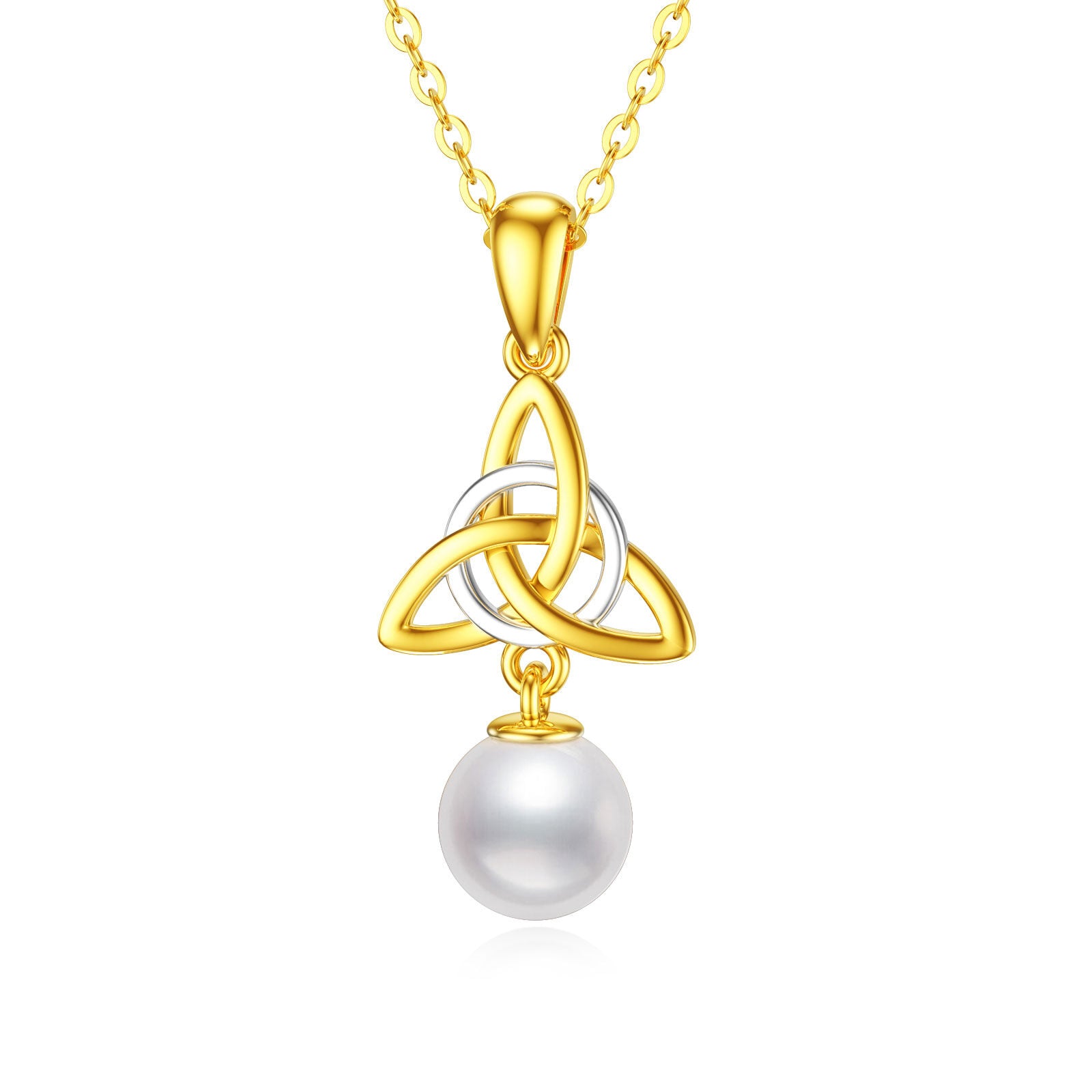 14K White Gold Two-Tone Circular Pearl Celtic Knot Pendant Necklace For Women Best Friends