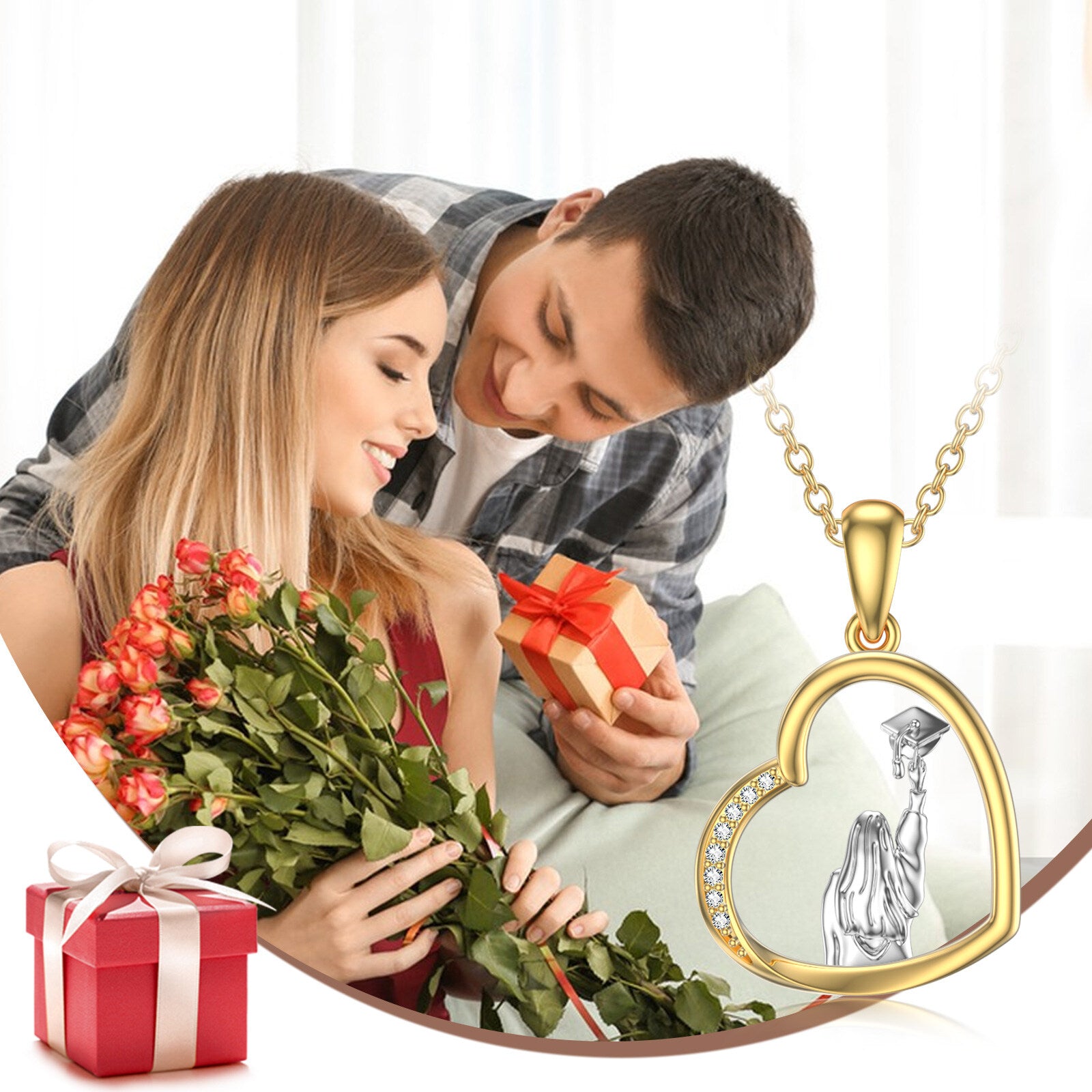 14K Gold Two-Tone Cubic Zirconia Heart & Trencher Cap Pendant Necklace For Women