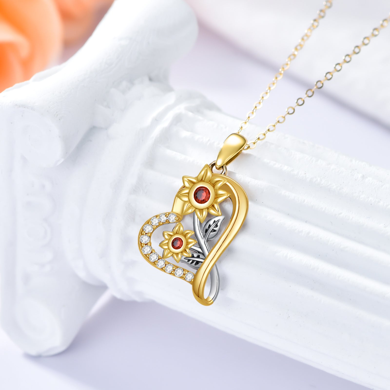 14K Gold Two-Tone Moissanite Sunflower With Heart Pendant Necklace For Women