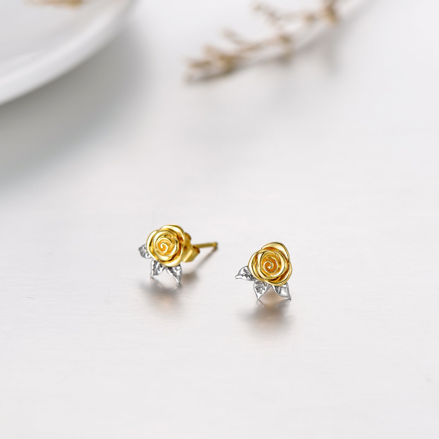 14K White Gold & Yellow Gold Rose Stud Earrings For Women