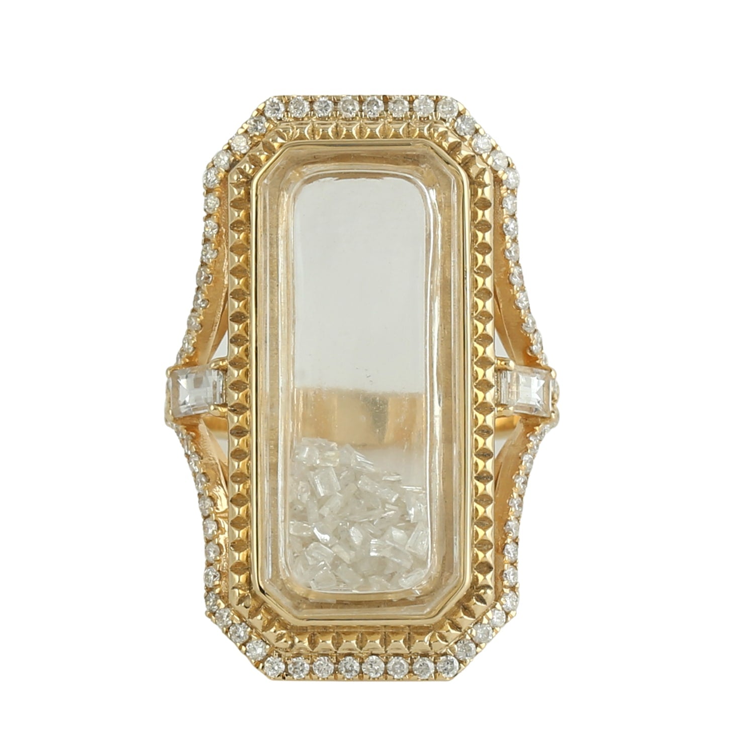 14K Yellow Gold Baguette Sapphire & Glass Pave Diamond Cocktail Ring