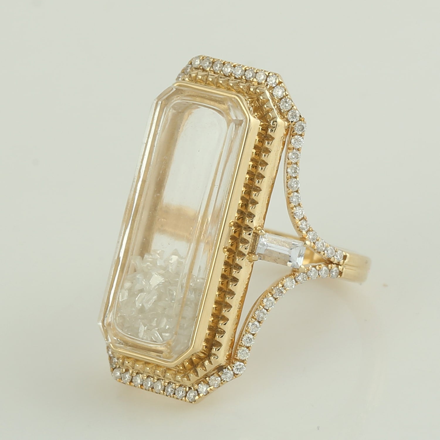 14K Yellow Gold Baguette Sapphire & Glass Pave Diamond Cocktail Ring