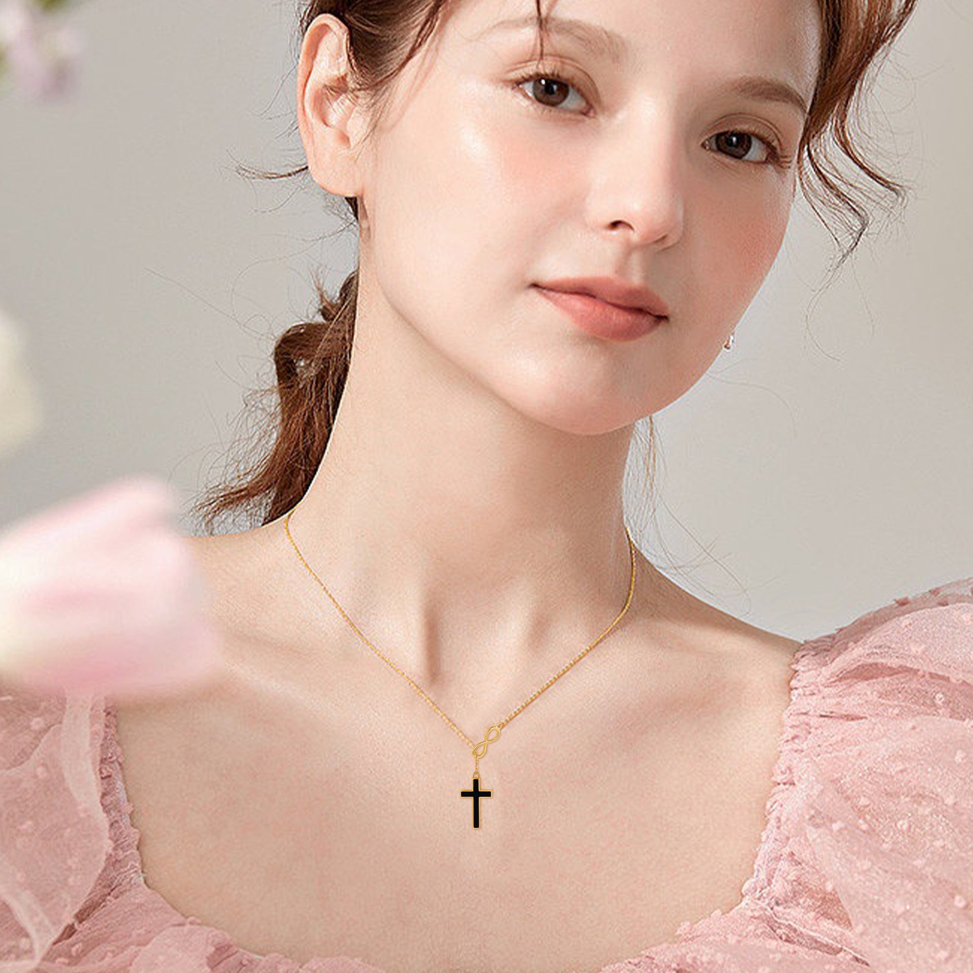 14K Yellow Gold Black Agate Cross & Infinity Symbol Pendant Necklace