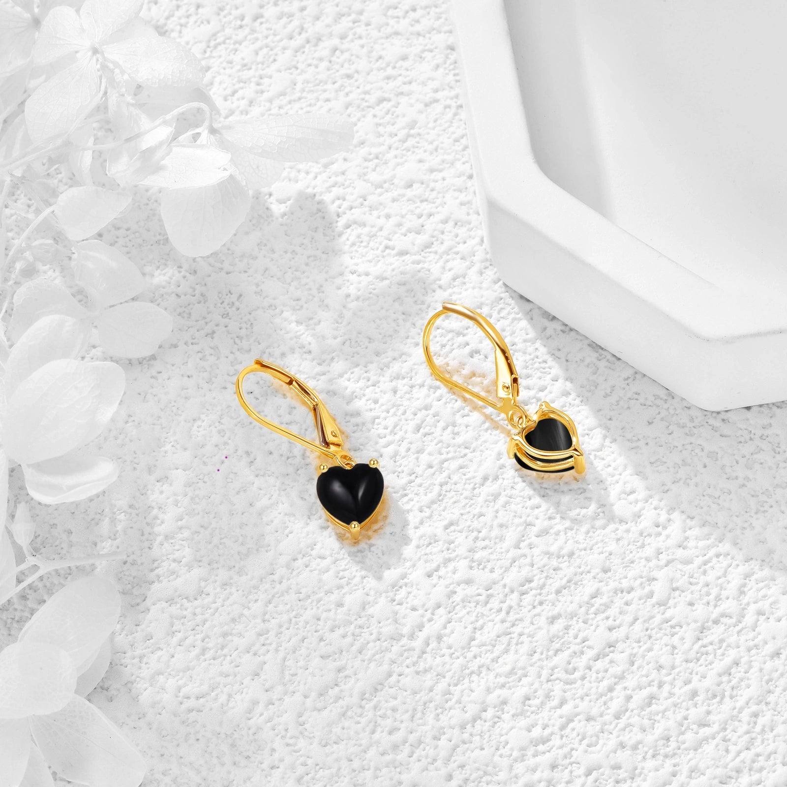 14K Yellow Gold Black Agate Heart Lever-back Earrings