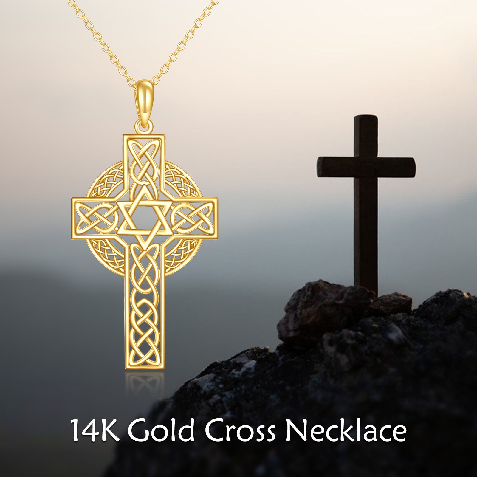14K Yellow Gold Celtic Knot Cross With Star Of David Christian Jewish Necklace For Women