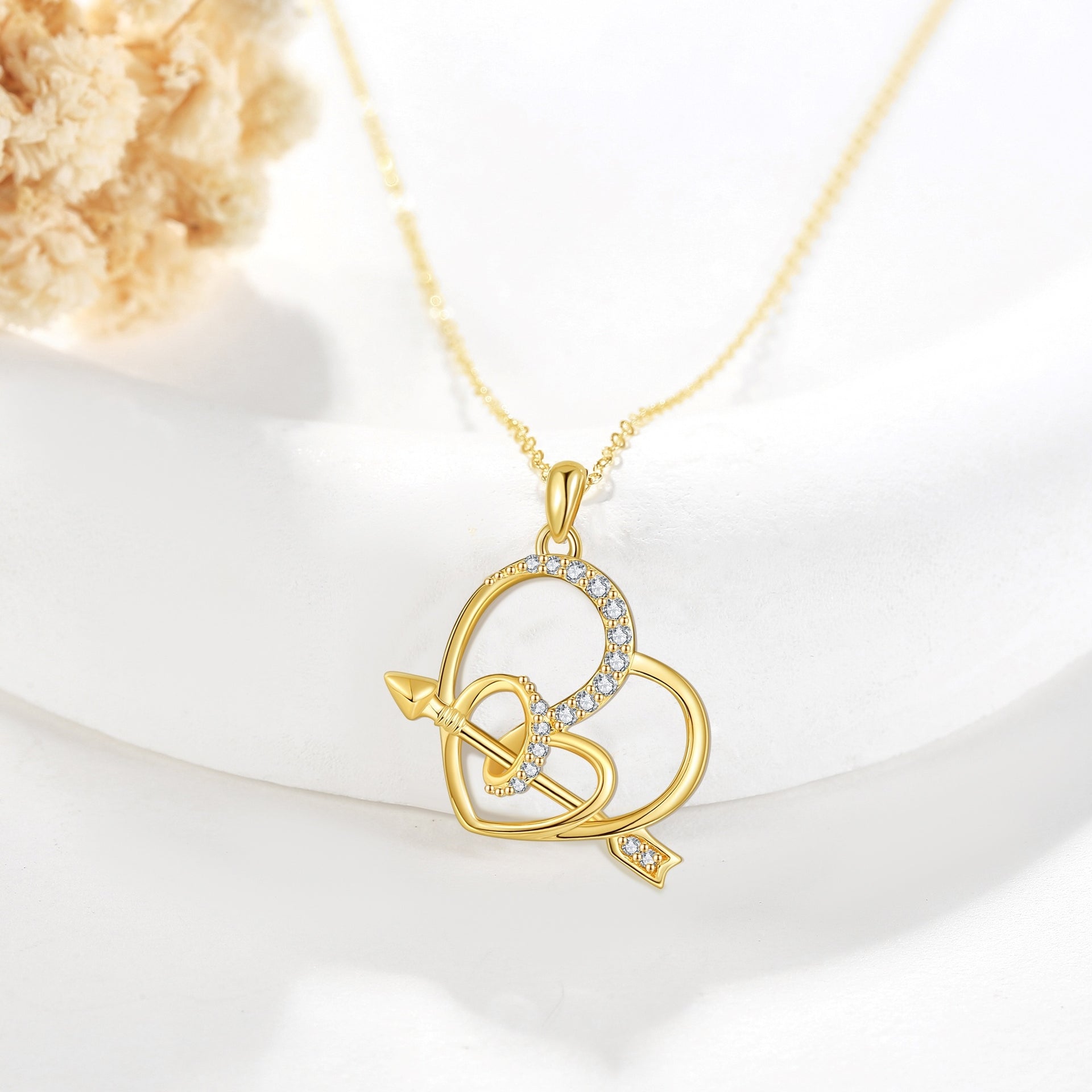14K Yellow Gold Circular Cubic Zirconia Arrow & Heart Pendant Necklace
