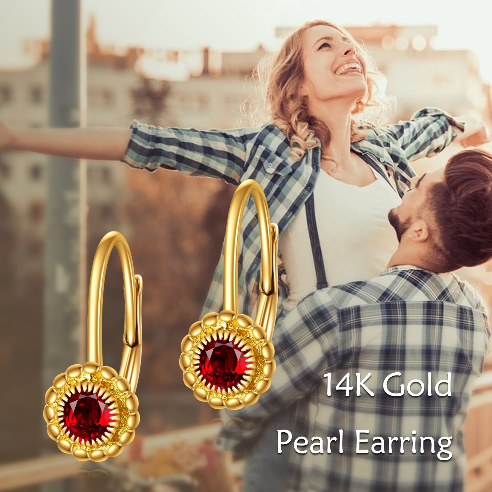 14K Yellow Gold Circular Cubic Zirconia Bead Lever-back Earrings